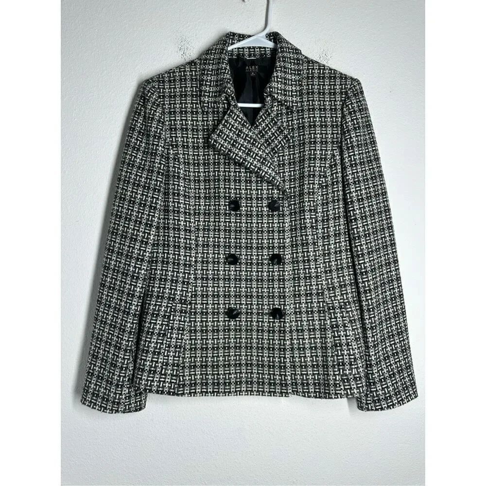Alex Marie Women’s Wool Blend Blazer Black White Size 8 Pockets